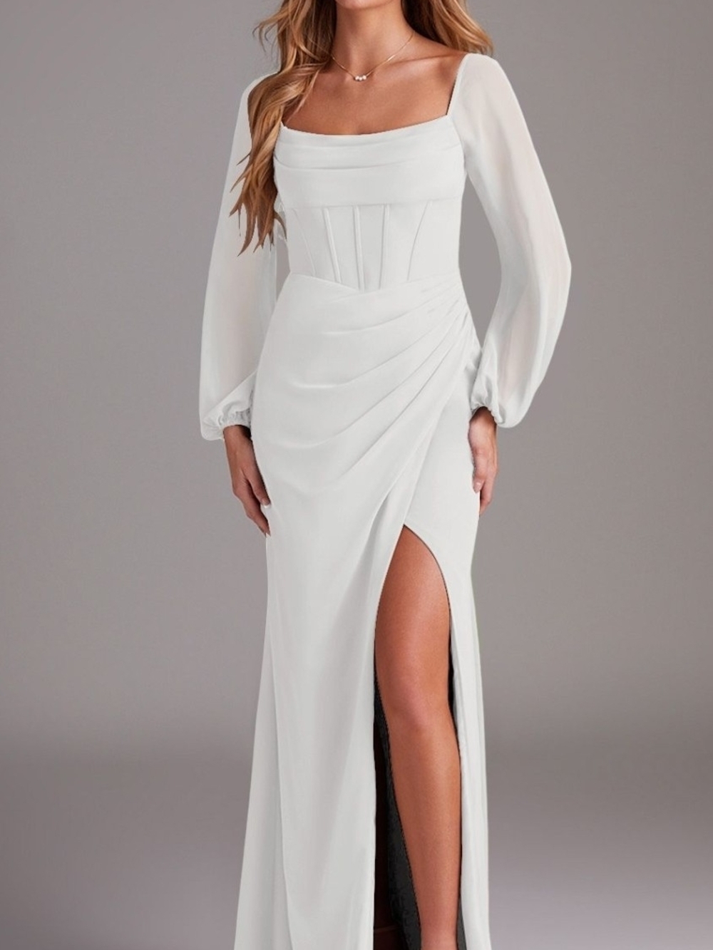 Azazie Charissa Long-Sleeve Square Neck Wedding Gown with Side Slit Size 16nwt
